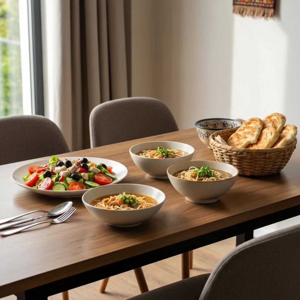 Modern diverse meal with international cuisine elements