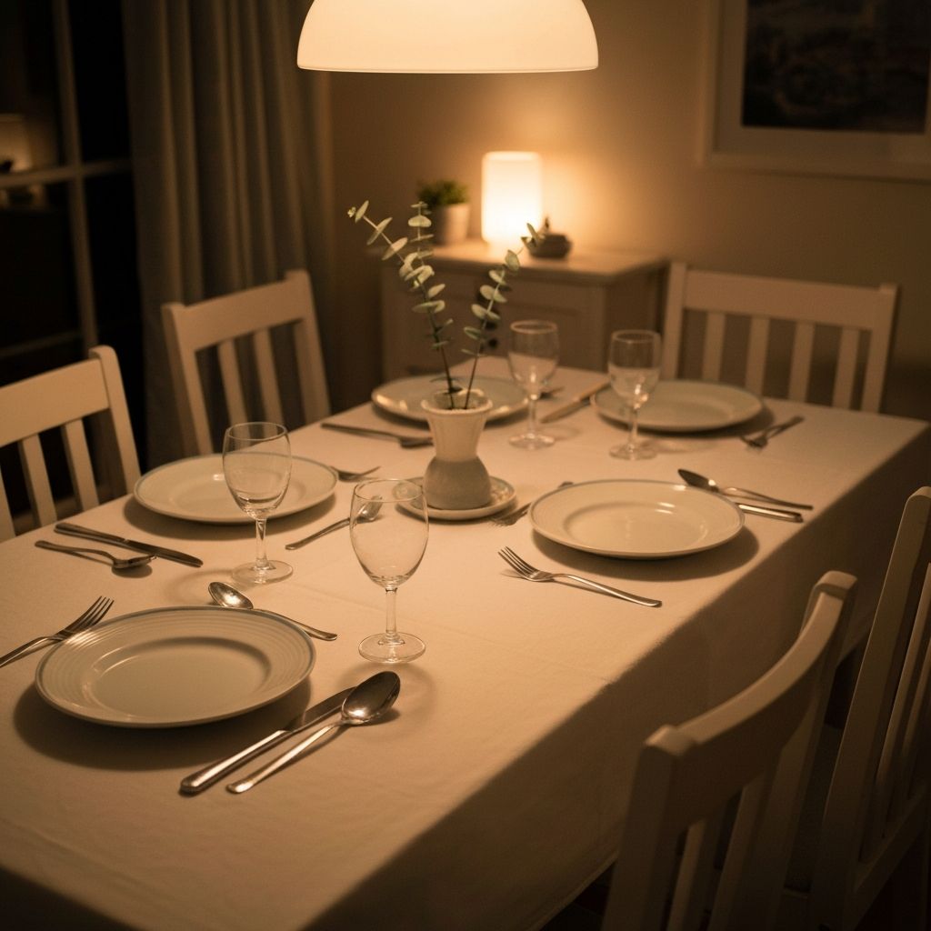 Evening dinner table with plates and cutlery prepared for a meal