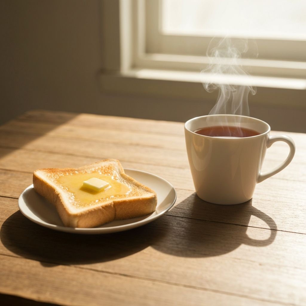 Morning breakfast setting with toast and tea on a wooden table