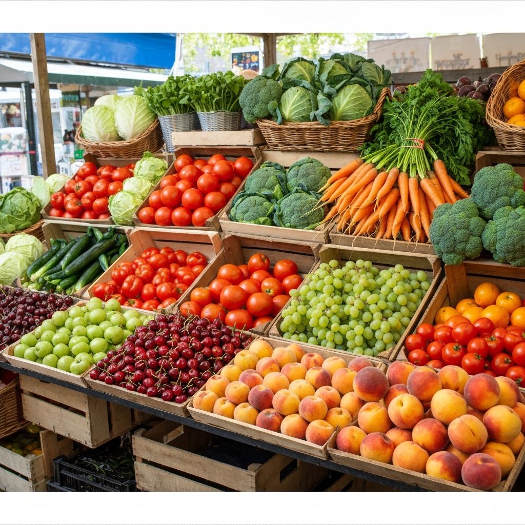 Fresh produce display at a local market with vegetables and fruits
